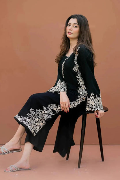 BrandsInn-2PC DHANAK EMBROIDERED SHIRT WITH DHANAK EMBROIDERED SLEEVES-BI-118
