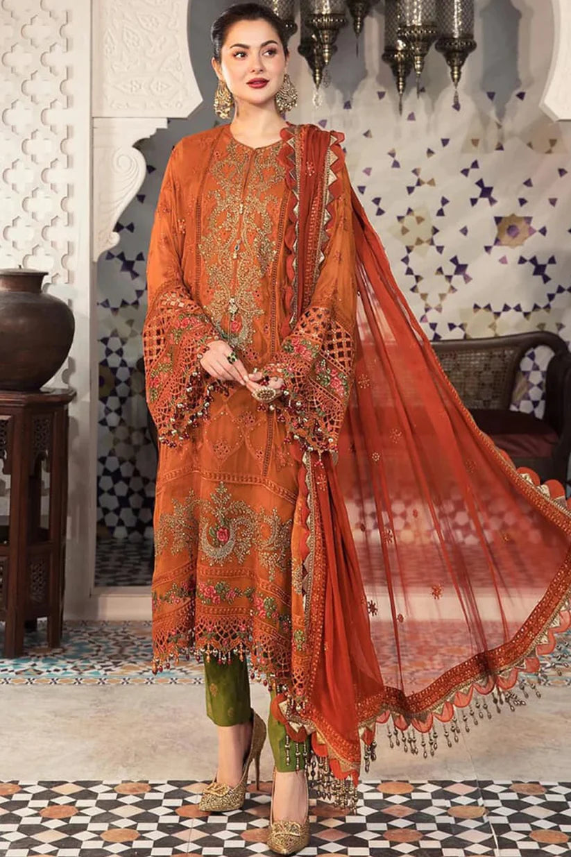 BrandsInn-3PC DHANAK EMBROIDERED SHIRT WITH CHIFFON EMBROIDERED DUPATTA & TROUSER-BI-4188
