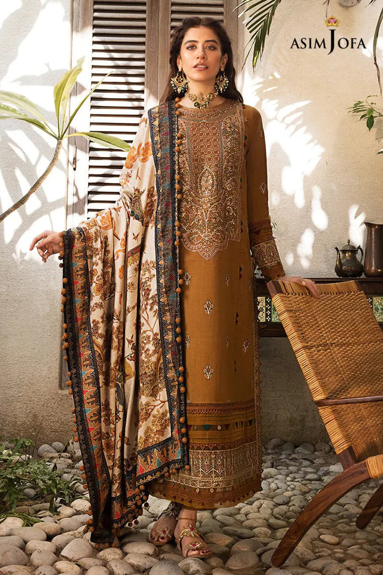 BrandsInn-3PC DHANAK EMBROIDERED SHIRT WITH COURTRAI PRINTED SHAWL & TROUSR-BI-3135