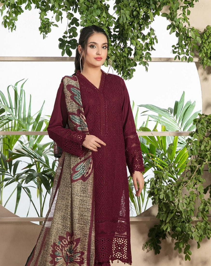 BrandsInn-3PC CHIKANKAARI LAWN EMBROIDERED SHIRT WITH MONARK PRINT DUPATTA AND TROUSER-MEHROON-BI-145