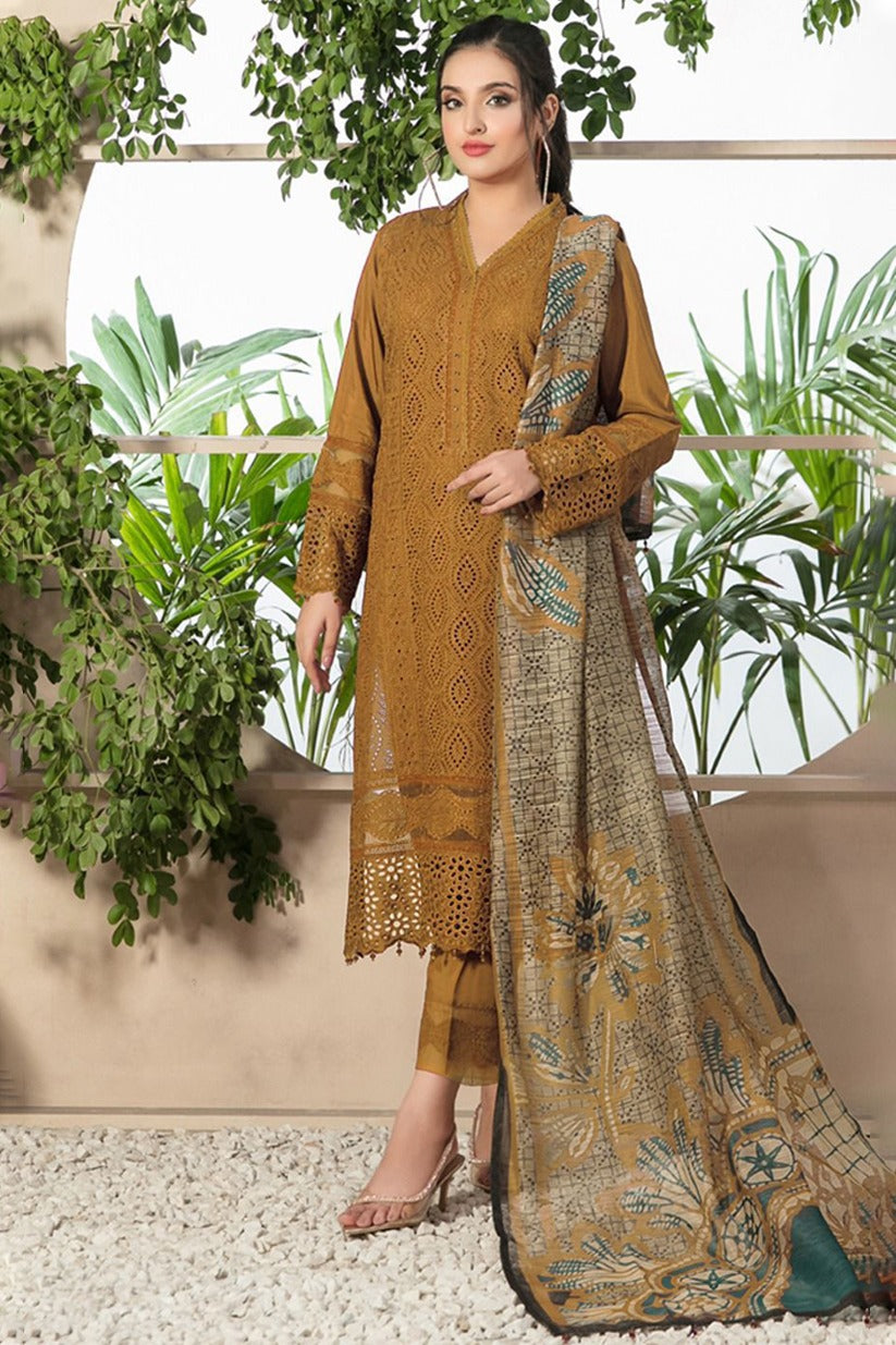 BrandsInn-3PC CHIKANKAARI LAWN EMBROIDERED SHIRT WITH MONARK PRINT DUPATTA AND TROUSER- MUSTERD-BI-147
