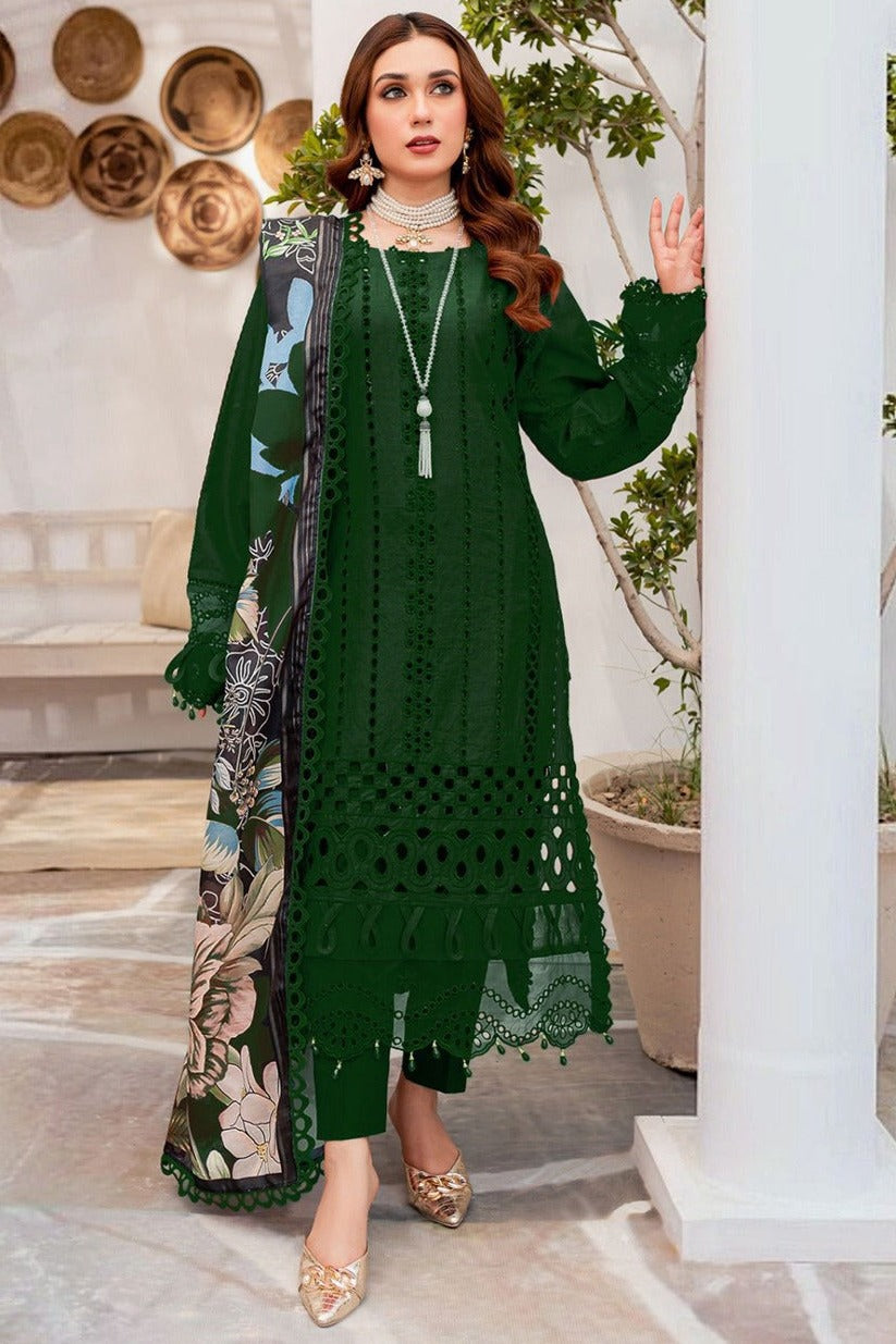 BrandsInn-3PC CHIKANKAARI LAWN EMBROIDERED SHIRT WITH MONARK PRINT DUPATTA AND TROUSER-BI-151