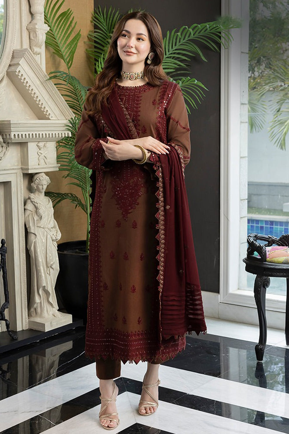 BrandsInn-3PC DHANAK EMBROIDERED SHIRT WITH DHANAK EMBROIDERED SHAWL AND TROUSER-BI-5001