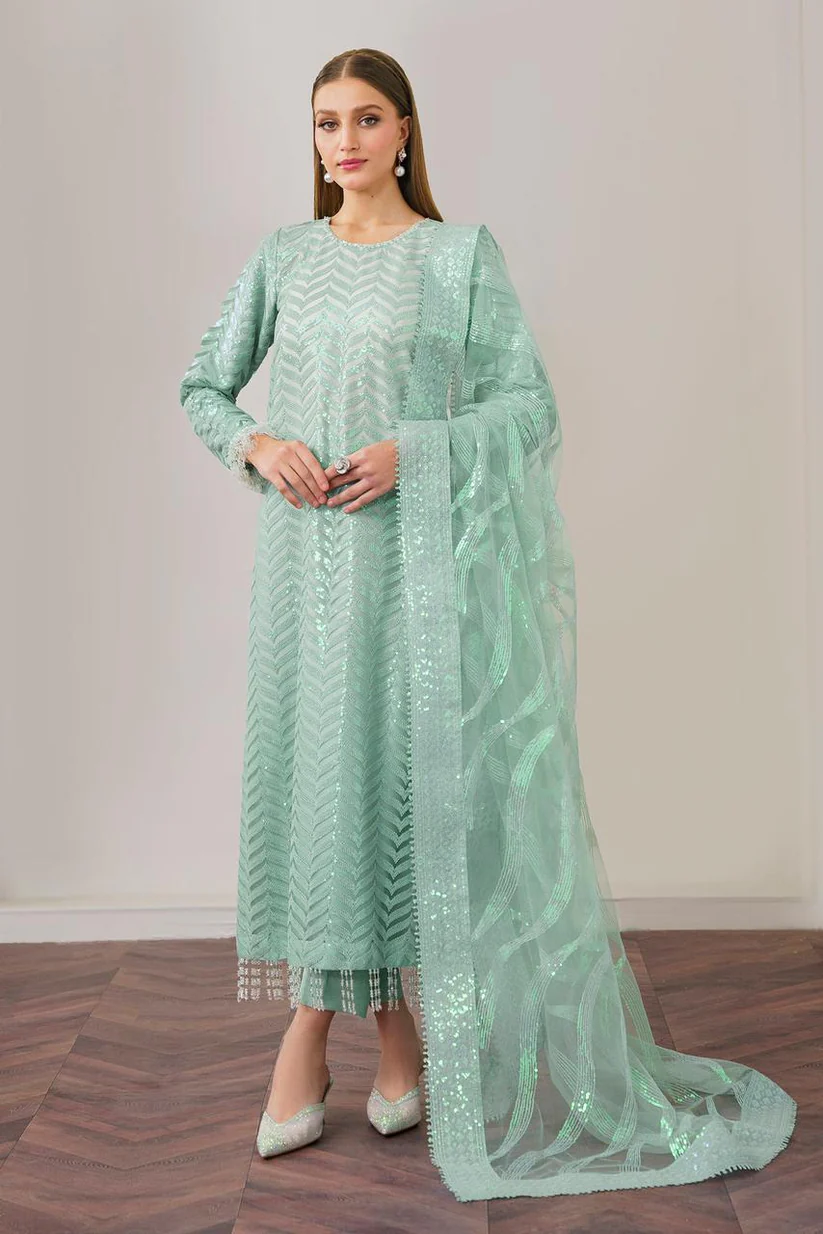 BrandsInn- ORGANZA 3PC SEQUENCE EMBROIDERED SHIRT WITH ORGANZA SEQUENCE EMBROIDERED DUPATTA WITH SILK TROUSER -BI-437