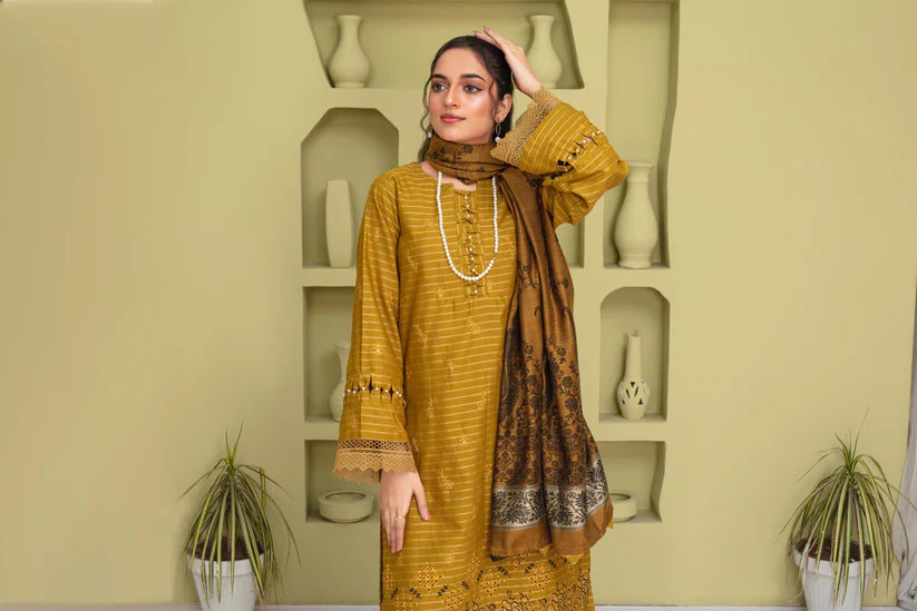 BRANDSINN-3PC KHADAR CUTWORK EMBROIDERED SHIRT WITH KASHMIRI JACQUARD WOOL SHAWL-BI-4052