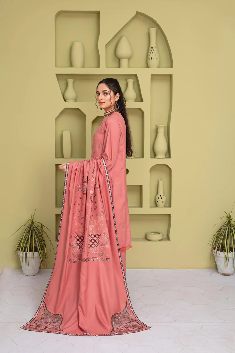 BRANDSINN-3PC DHANAK EMBROIDERED SHIRT WITH DHANAK CUTWORK EMBROIDERED SHAWL AND TROUSER-BI-4064