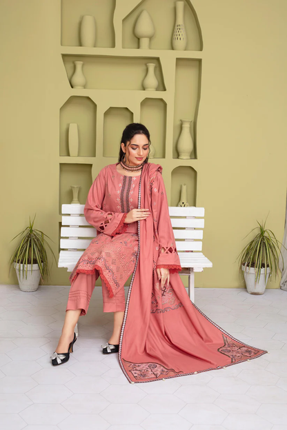 BRANDSINN-3PC DHANAK EMBROIDERED SHIRT WITH DHANAK CUTWORK EMBROIDERED SHAWL AND TROUSER-BI-4064