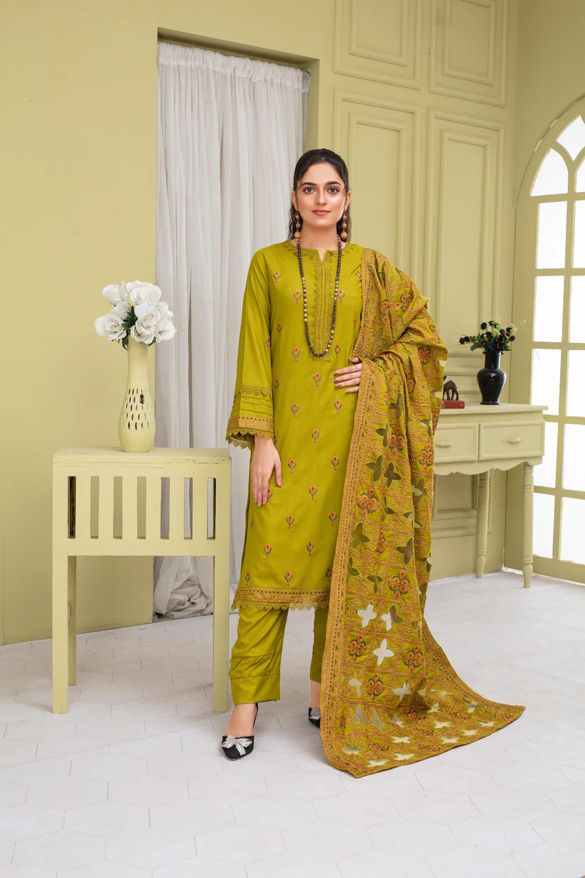 BRANDSINN-3PC DHANAK EMBROIDERED SHIRT WITH DHANAK CUTWORK EMBROIDERED SHAWL AND TROUSER-BI-4063