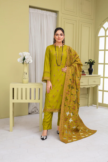 BRANDSINN-3PC DHANAK EMBROIDERED SHIRT WITH DHANAK CUTWORK EMBROIDERED SHAWL AND TROUSER-BI-4063
