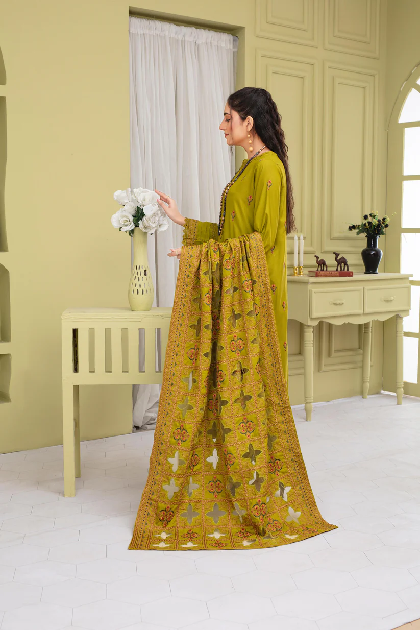 BRANDSINN-3PC DHANAK EMBROIDERED SHIRT WITH DHANAK CUTWORK EMBROIDERED SHAWL AND TROUSER-BI-4063