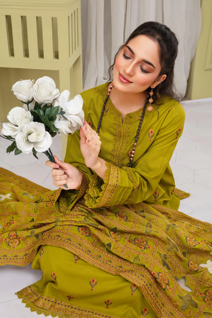 BRANDSINN-3PC DHANAK EMBROIDERED SHIRT WITH DHANAK CUTWORK EMBROIDERED SHAWL AND TROUSER-BI-4063