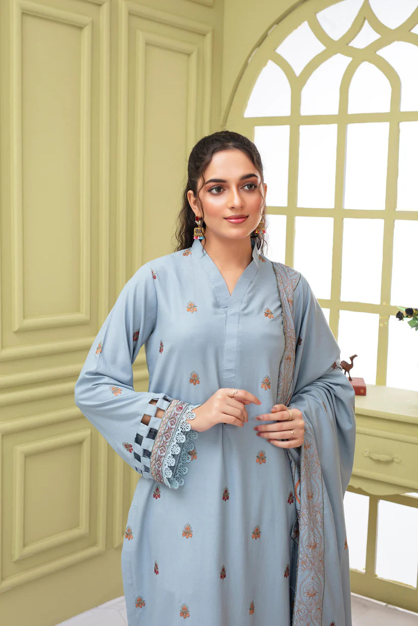 BRANDSINN-3PC DHANAK EMBROIDERED SHIRT WITH HEAVY CUTWORK EMBROIDERED DHANAK SHAWL AND TROUSER-BI-4068