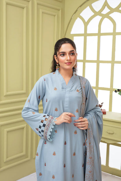 BRANDSINN-3PC DHANAK EMBROIDERED SHIRT WITH HEAVY CUTWORK EMBROIDERED DHANAK SHAWL AND TROUSER-BI-4068