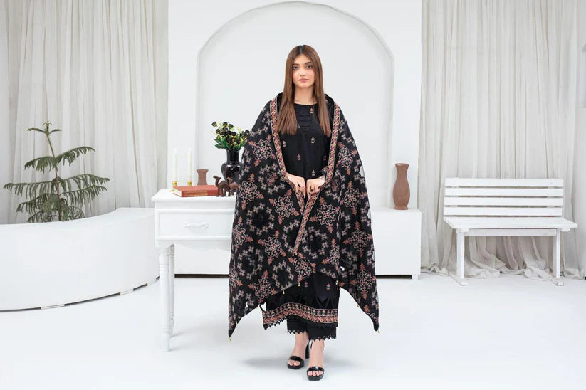BRANDS INN-3PC DHANAK EMBROIDERED SHIRT WITH HEAVY CUTWORK EMBROIDERED DHANAK SHAWL AND TROUSER-BI-4065