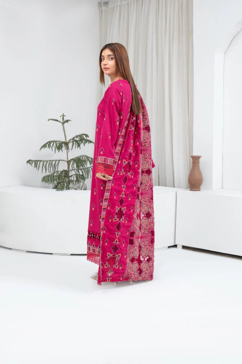 BRANDS INN-3PC DHANAK EMBROIDERED SHIRT WITH HEAVY CUTWORK EMBROIDERED DHANAK SHAWL AND TROUSER-BI-4064