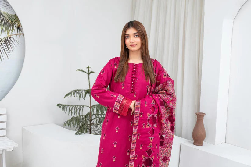 BRANDS INN-3PC DHANAK EMBROIDERED SHIRT WITH HEAVY CUTWORK EMBROIDERED DHANAK SHAWL AND TROUSER-BI-4064