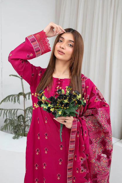 BRANDS INN-3PC DHANAK EMBROIDERED SHIRT WITH HEAVY CUTWORK EMBROIDERED DHANAK SHAWL AND TROUSER-BI-4064