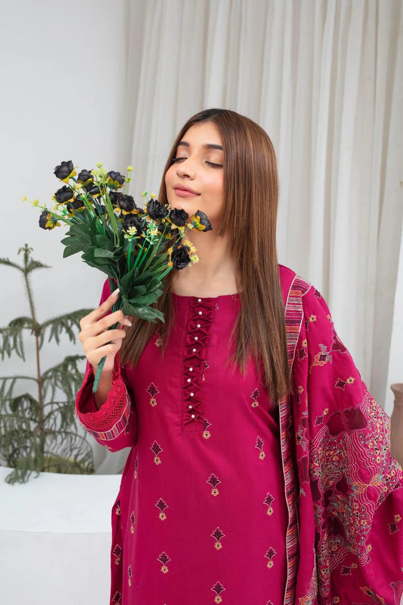 BRANDS INN-3PC DHANAK EMBROIDERED SHIRT WITH HEAVY CUTWORK EMBROIDERED DHANAK SHAWL AND TROUSER-BI-4064