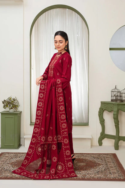BRANDS INN-3PC DHANAK EMBROIDERED SHIRT WITH HEAVY CUTWORK EMBROIDERED DHANAK SHAWL AND TROUSER-BIC-4025