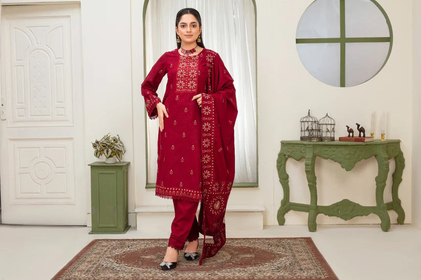 BRANDS INN-3PC DHANAK EMBROIDERED SHIRT WITH HEAVY CUTWORK EMBROIDERED DHANAK SHAWL AND TROUSER-BIC-4025