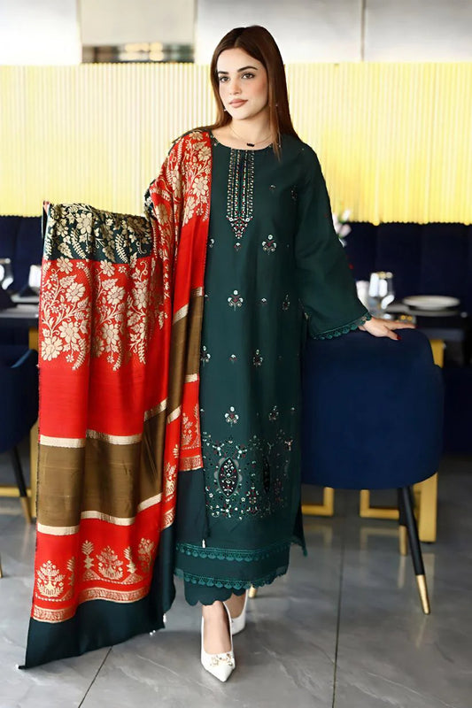 BRANDSINN-3PC KHADDAR CUTWORK EMBROIDERED SHIRT WITH KASHMIRI JACQUARD WOOL SHAWL-BI-4031
