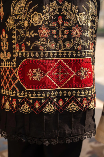 BRANDS INN-3PC DHANAK EMBROIDERED SHIRT WITH HEAVY CUTWORK EMBROIDERED JACQUARD WOOL SHAWL -BI-4089