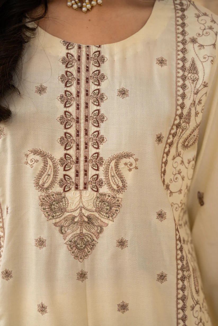 BRANDS INN-3PC DHANAK EMBROIDERED SHIRT WITH DHANAK HEAVY CUTWORK EMBROIDERED SHAWL-BI-4087