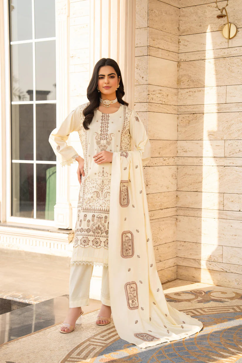 BRANDS INN-3PC DHANAK EMBROIDERED SHIRT WITH DHANAK HEAVY CUTWORK EMBROIDERED SHAWL-BI-4087