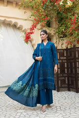 BrandsInn-3PC LAWN CHIKENKARI EMBROIDERED SHIRT WITH LAWN JACQUARD PRINT DUPATTA-BI-329