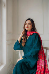 BrandsInn-3PC CHIKANKAARI LAWN EMBROIDERED SHIRT WITH CHUNRI PRINT DUPATTA AND TROUSER-BI-4558-Z