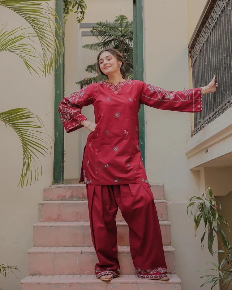 BrandsInn-2PC DHANAK EMBROIDERED SHIRT AND EMBROIDRED TROUSER-BI-126