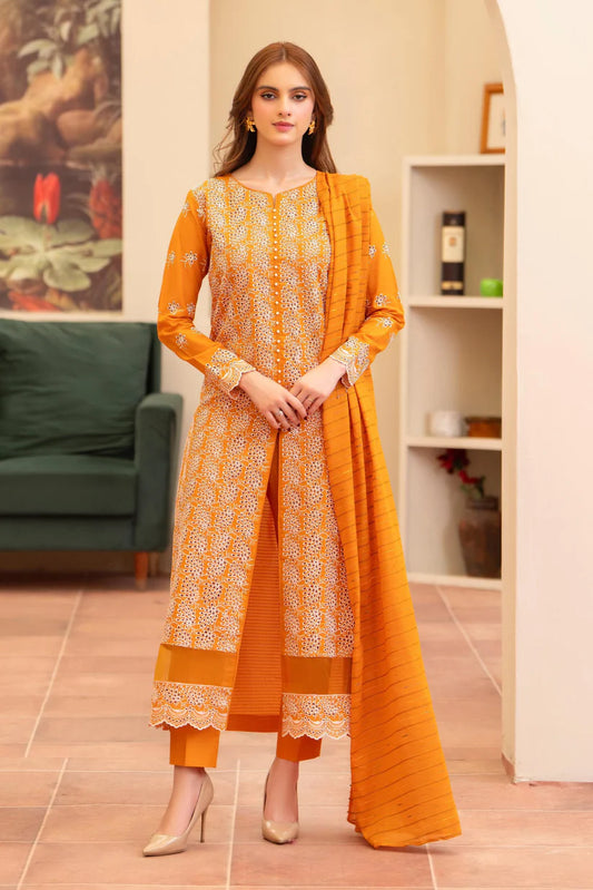 BrandsInn - 3PC LAWN CHIKENKAARI EMBROIDERED SHIRT WITH LAWN TUBE SLUB DUPATTA AND TROUSER-BI-384