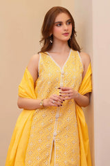 BrandsInn- 3PC LAWN CHIKENKAARI EMBROIDERED SHIRT WITH LAWN TUBE SLUB DUPATTA AND TROUSER-BI-6200