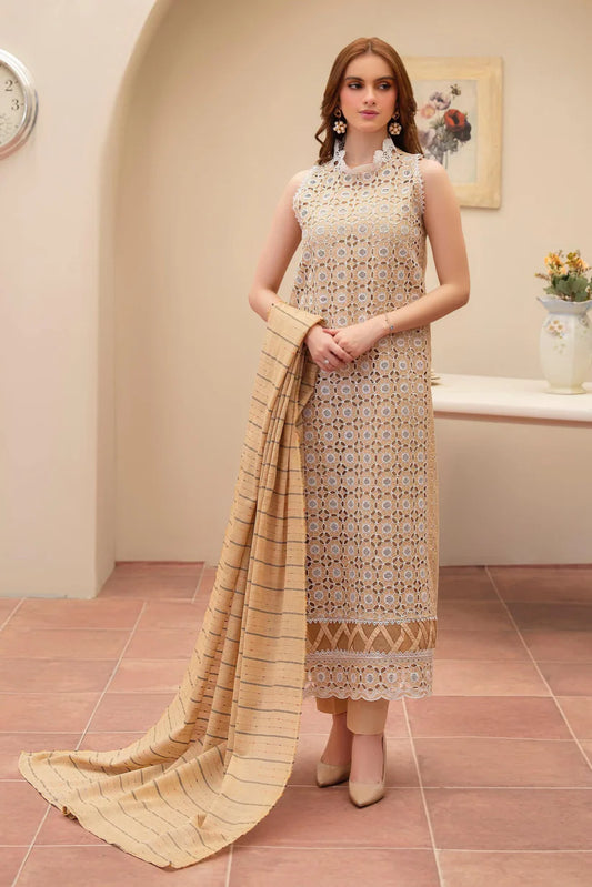 BrandsInn-3PC LAWN CHIKENKAARI EMBROIDERED SHIRT WITH LAWN TUBE SLUB DUPATTA AND TROUSER-BI-386