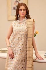 BrandsInn-3PC LAWN CHIKENKAARI EMBROIDERED SHIRT WITH LAWN TUBE SLUB DUPATTA AND TROUSER-BI-6100