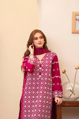 BrandsInn- 3PC LAWN CHIKENKAARI EMBROIDERED SHIRT WITH LAWN TUBE SLUB DUPATTA AND TROUSER-BI-1073