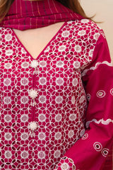 BrandsInn- 3PC LAWN CHIKENKAARI EMBROIDERED SHIRT WITH LAWN TUBE SLUB DUPATTA AND TROUSER-BI-1073