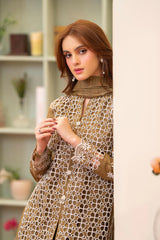 BrandsInn-3PC LAWN CHIKENKAARI EMBROIDERED SHIRT WITH LAWN TUBE SLUB DUPATTA AND TROUSER-BI-1074