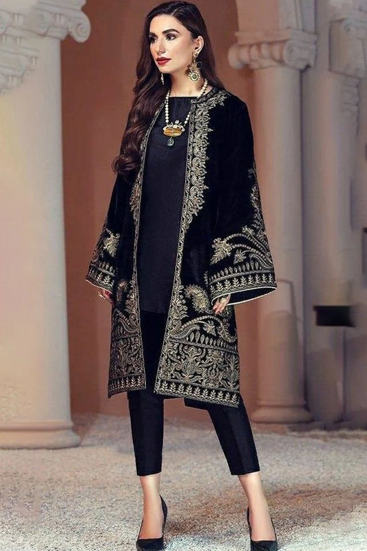 BrandsInn-VELVET 2PC- EMBROIDERED WORK SHIRT WITH SILK INNER AND SILK TROUSER -D-11- MICRO 9000 VELVET-BI-4084