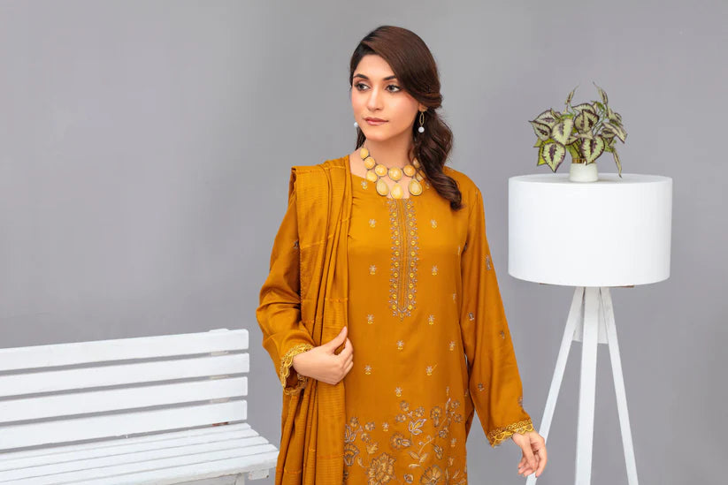 Brands inn-3PC Dhanak Embroidered Shirt with Velvet Dhanak Shawl and Trouser-4075