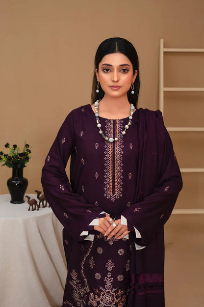 Brands inn-3PC Dhanak Embroidered Shirt with Velvet Dhanak Shawl and Trouser-BI-PLUM