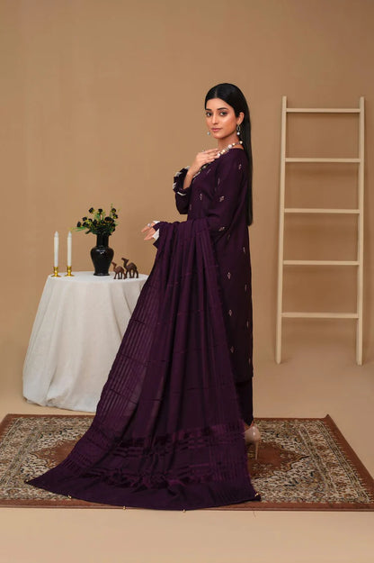 Brands inn-3PC Dhanak Embroidered Shirt with Velvet Dhanak Shawl and Trouser-BI-PLUM