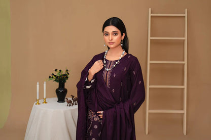 Brands inn-3PC Dhanak Embroidered Shirt with Velvet Dhanak Shawl and Trouser-BI-PLUM