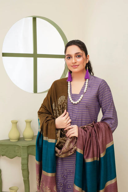 BRANDSINN-3PC KHADAR CUTWORK EMBROIDERED SHIRT WITH KASHMIRI JACQUARD WOOL SHAWL-BI-4063