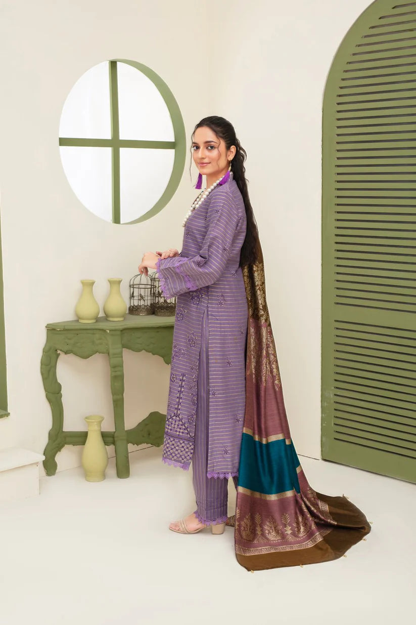 BRANDSINN-3PC KHADAR CUTWORK EMBROIDERED SHIRT WITH KASHMIRI JACQUARD WOOL SHAWL-BI-4063