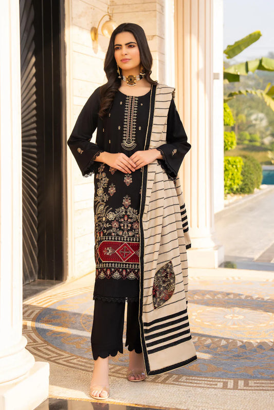 BRANDS INN-3PC DHANAK EMBROIDERED SHIRT WITH HEAVY CUTWORK EMBROIDERED JACQUARD WOOL SHAWL-BI-4040