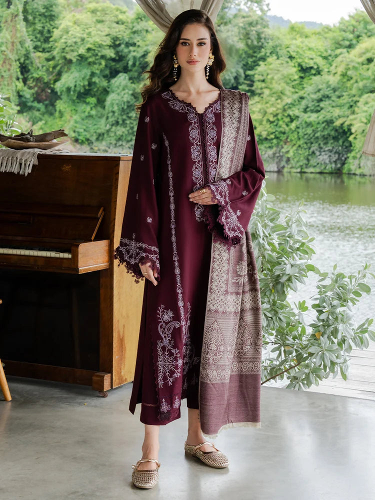 BrandsInn-3PC DHANAK EMBROIDERED SHIRT WITH COUTRAI PRINTED SHAWL AND TROUSER-BI-5267