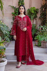 BrandsInn-3PC DHANAK EMBROIDERED SHIRT WITH CHIFFON EMBROIDERED DUPATTA AND TROUSER-B-5019