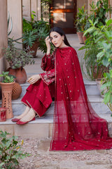 BrandsInn-3PC DHANAK EMBROIDERED SHIRT WITH DHANAK EMBROIDERED SHAWL AND TROUSER-BI-4381