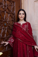 BrandsInn-3PC DHANAK EMBROIDERED SHIRT WITH CHIFFON EMBROIDERED DUPATTA AND TROUSER-B-5019